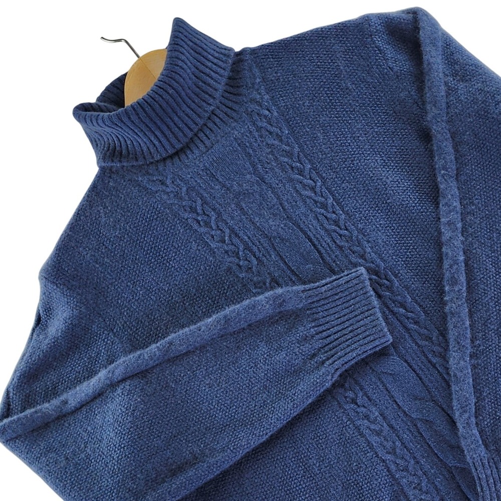 Victorai Turtleneck Sweater Women XXL Blue Cable Knit Cashmere Wool Blend